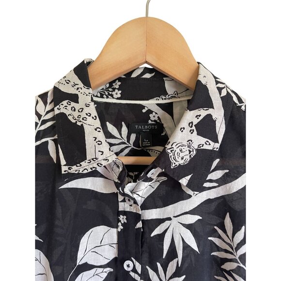 Talbots Black White Large Petite Collared Shirt Button Front Tropical Jungle Big - Picture 6 of 7